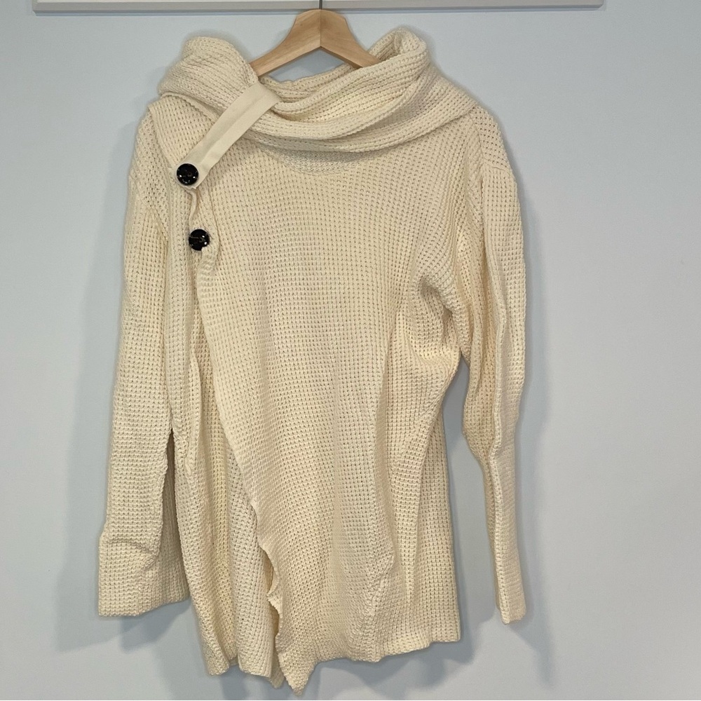 Cowl-neck cross front sweater with button detail